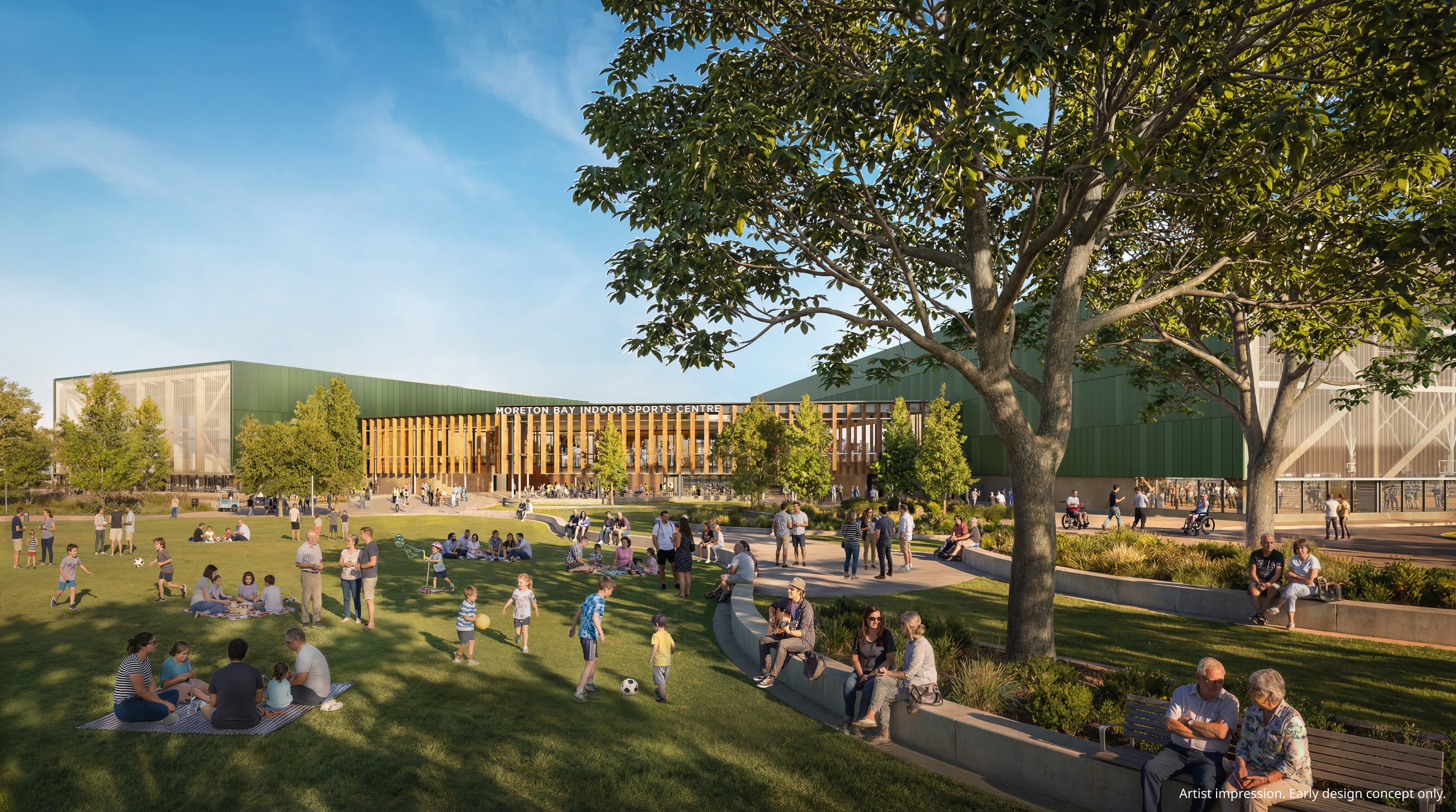 Exterior render of the New Moreton Bay Indoor Sport Centre, March 2026