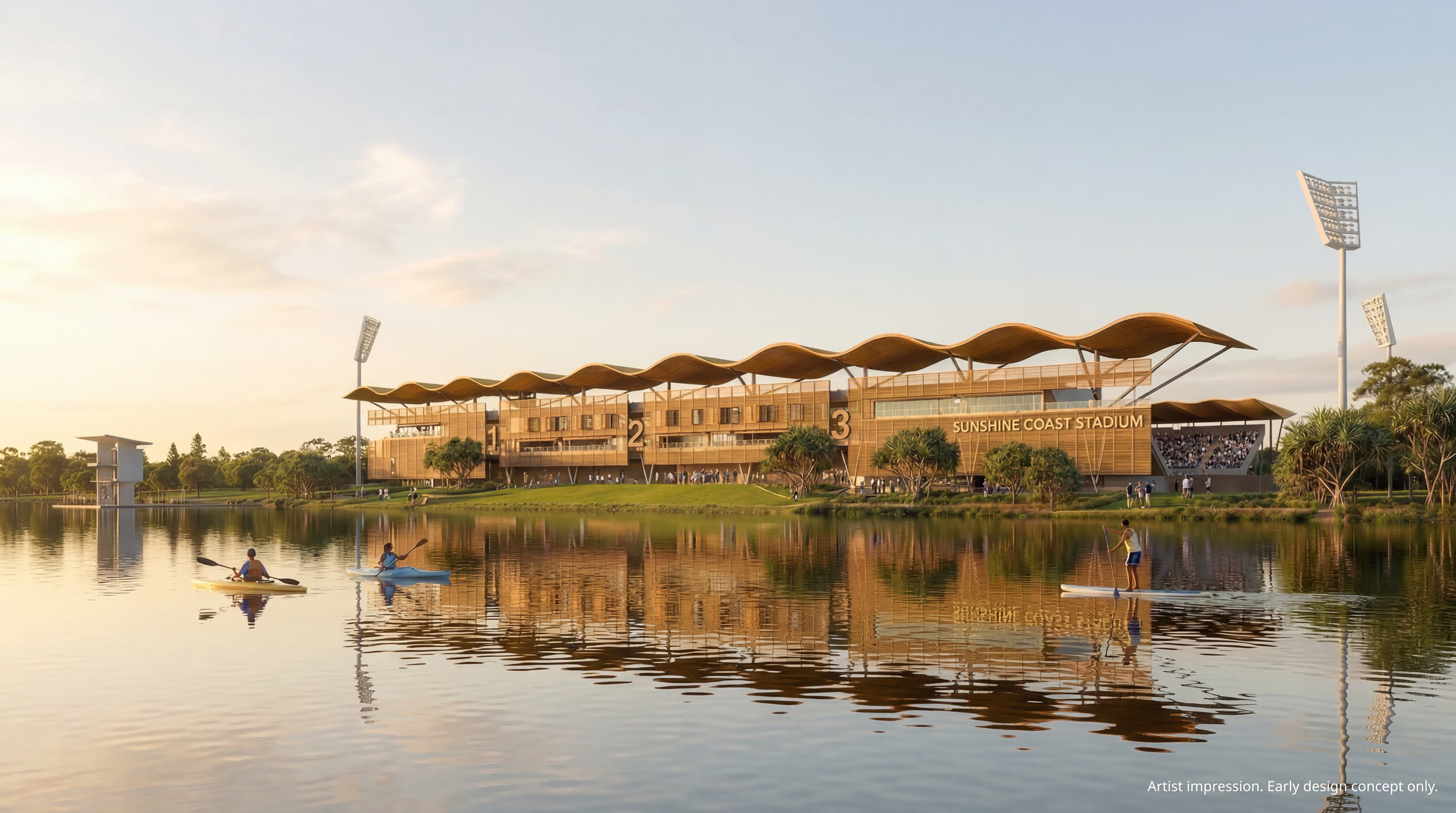 External view of the Sunshine Coast Stadium upgrade overlooking the river